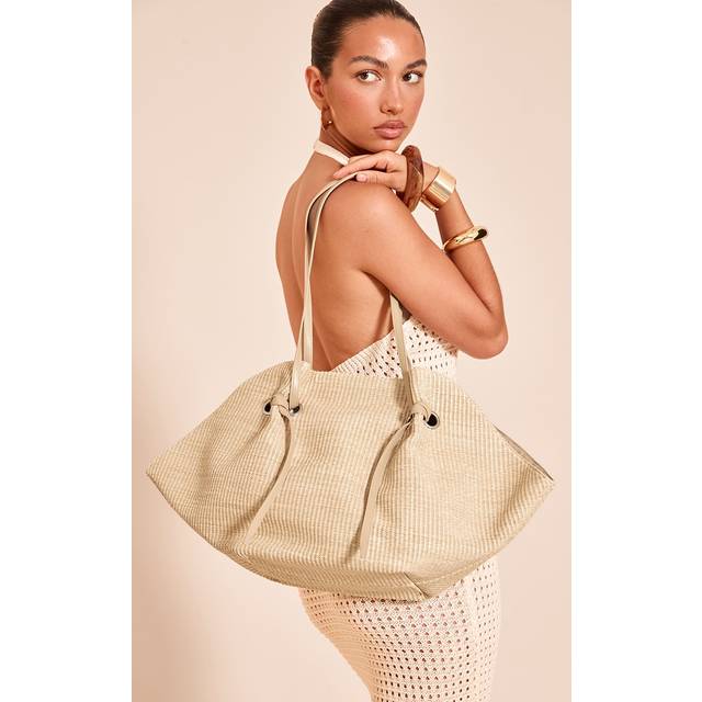 Natural Contrast Raffia Drawstring Beach Bag, Natural - One Size