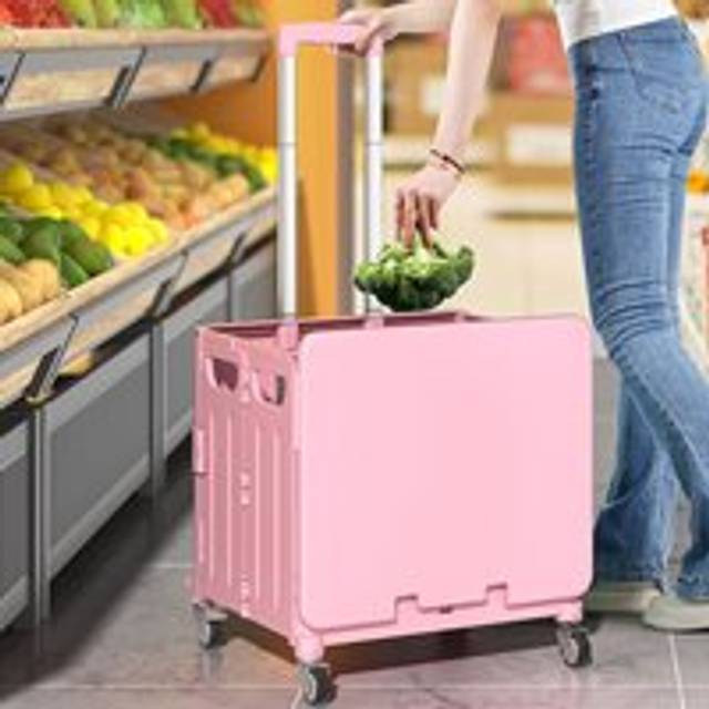 45L Foldable Shopping Trolley with Wheels - Pink - One Size