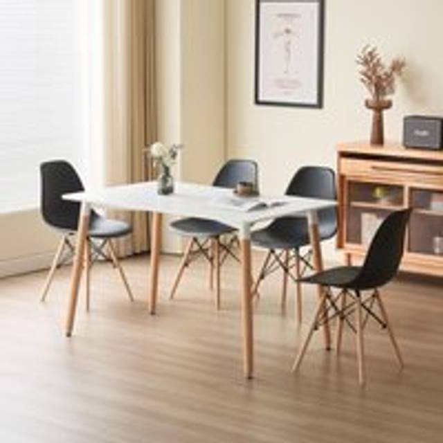 5 Piece Dining Set With White Wooden Top And 4 Black Chairs With Metal Detailing - One Size