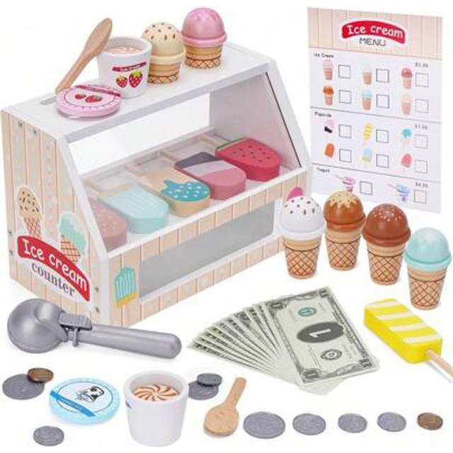 SHEIN Wooden Ice Cream Counter Playset For Kids, Toddler Girl Toys Kitchen Playset Pretend Play Gifts For 3 4 5 6 Year Old Girl Or Boy, Play Food Scoop And