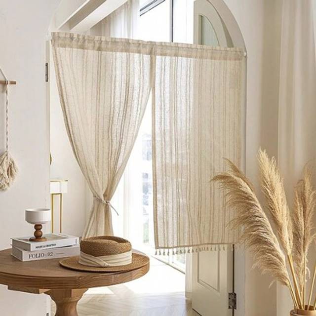 SHEIN 1pc Natural Linen Fabric Striped Window Curtain, Japanese Minimalist Style With Tassel Trim, Suitable For Living Room, Bedroom, Windows And Cabinets D