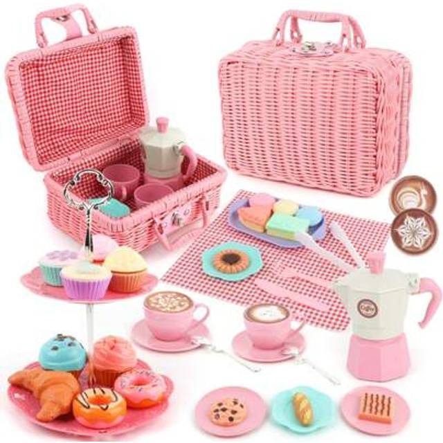 SHEIN Pretend Play Picnic Basket Set, Includes Coffee Maker, Cookies And Snack Food - Perfect Birthday Or Holiday Gift For Young People