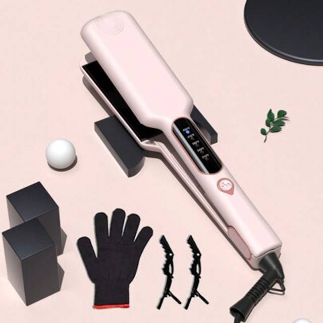 SHEIN 1pc Wide Titanium Flat Iron For Thick Hair & Curly Hair, 2 Inch Fast Heating Hair Straightening Styling Iron, Dual Voltage, Auto Off, With Glove & 2 C