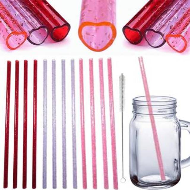 SHEIN 12 Plastic Heart Shaped Reusable Straws With Straw Cleaning Brush | Transparent Glitter Red, Transparent Glitter Purple, & Transparent Glitter Pink |