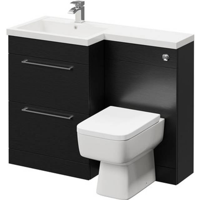 Napoli Combination Vanity Unit Toilet Suite with Left Hand L Shaped 1 Tap Hole Basin and 2 Drawers with Polished Chrome Handles | Nero Oak | Plastic | 1100mm