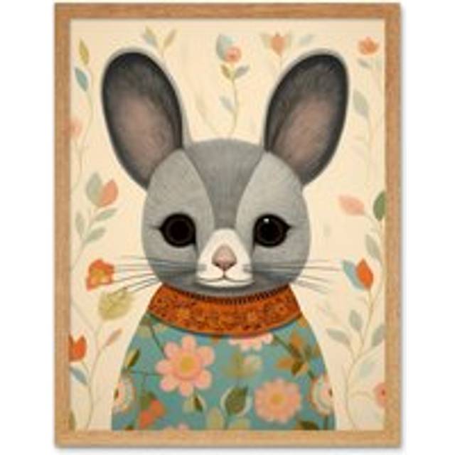Wall Art Print Floral Chinchilla Cute Flower Floral Artwork for Kids Bedroom Baby Nursery Art Framed - Tan - W12 inch x H16 inch