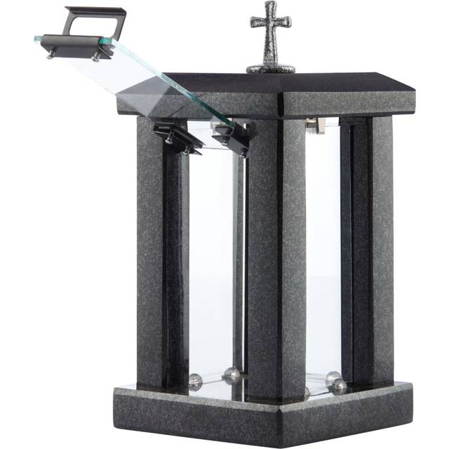 (Black, Cross) Granite Memorial Lantern - Large Graveside Outdoor Candle Lantern  for Garden or Cemetery - Grave Ornaments Modern Design