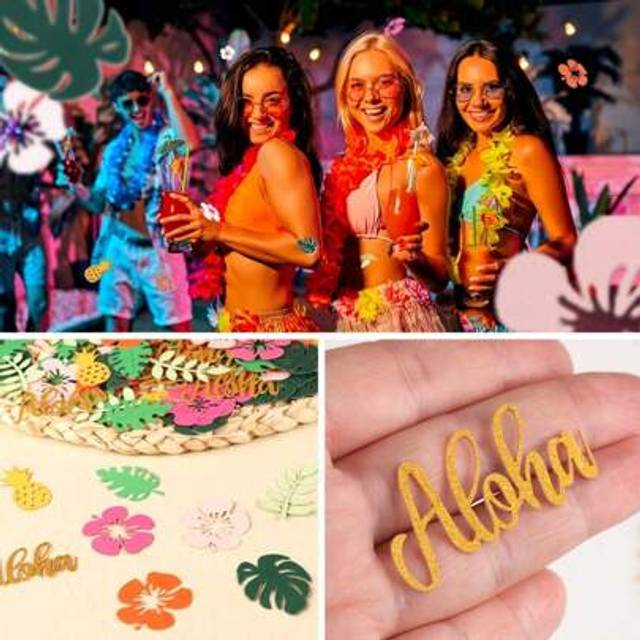 SHEIN 100pcs/200pcs Summer Hawaii Hula Skirt Tabletop Decorations, Tropical Flower, Palm Leaf, Pineapple Confetti For Summer Hawaiian Party Decor
