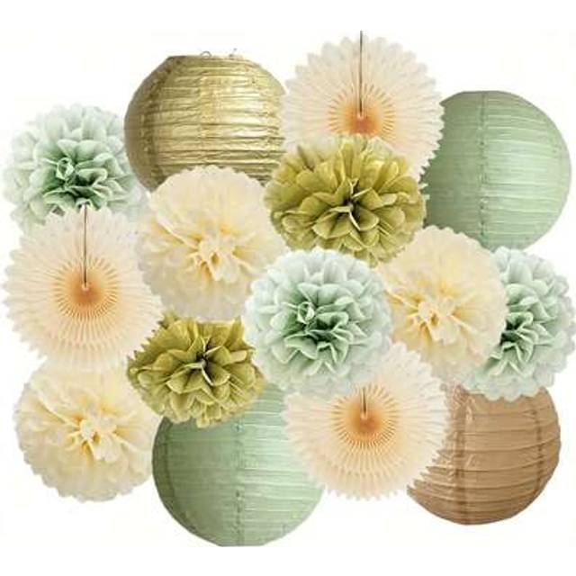 SHEIN 15pcs Sage Green & Gold Party Decoration Set - 10&#34; Paper Lanterns, Paper Flowers, Paper Fans, Suitable For Summer Weddings, Bridal Showers, Graduation