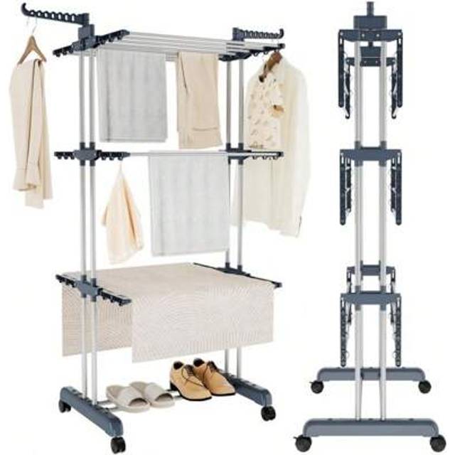 SHEIN Clothes Drying Rack 4 Tier Adjustable Rolling Laundry Hanger With Foldable Wings Large Stainless Steel Garment Dryer With Casters For Outdoor Indoor