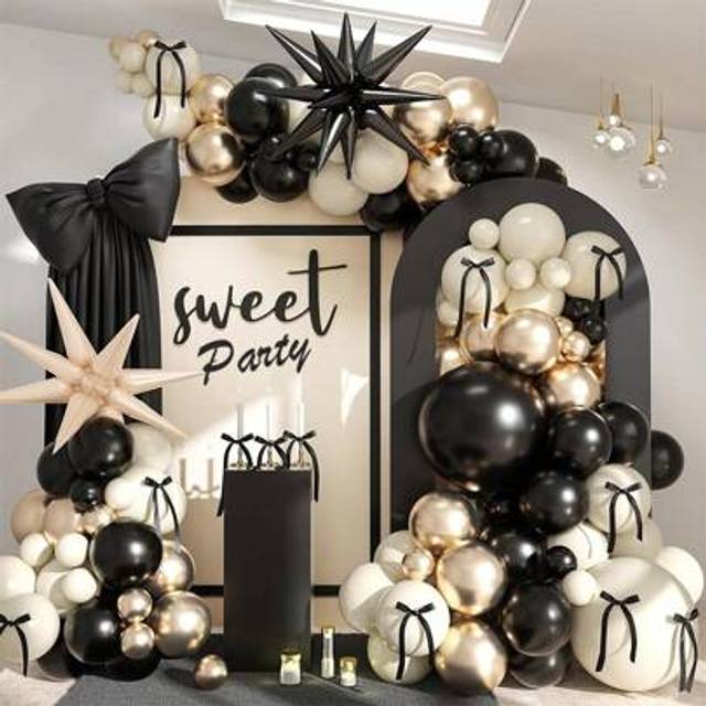 SHEIN 5 10 18 Inch Black Sand White Champagne Gold Latex Balloons Arch Garland Kit, 127Pcs Bow Ribbons With Black Beige Cream Explosion Star Foil Balloons F