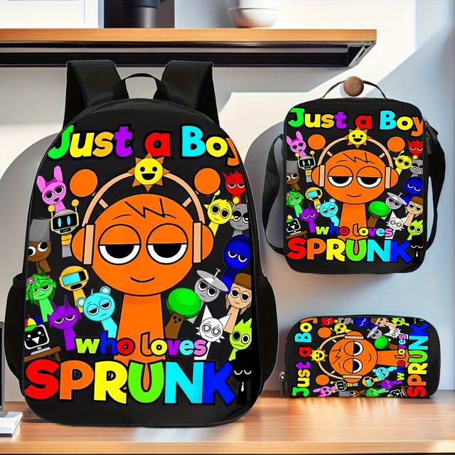 TEMU Sprunki 3 Backpacks, Lunch Bag And Pencil Case, Adjustable Shoulder Straps, Handbag With Zipper, Large Capacity, Suitable For Daily Gifts And Daily Commuting