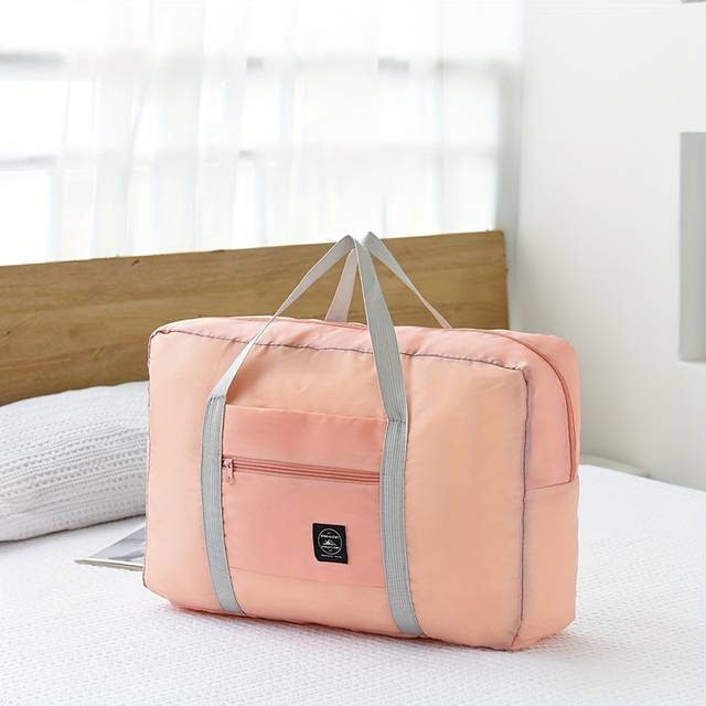 TEMU Foldable Light Blue Travel Bag With Brown Accents - Durable Polyester Weekend Weekend Bag For , Compact Overnight Luggage For , Weekend Bag | Foldable Design | Sturdy Handle Bag