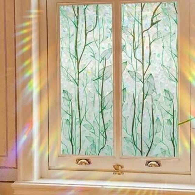 SHEIN 1 Roll Green Leaves & Rainbow Window Privacy Film Sticker, 3D Decorative Non-Adhesive Reusable Static Cling For Home & Office Glass, 17.83*118inch Gif