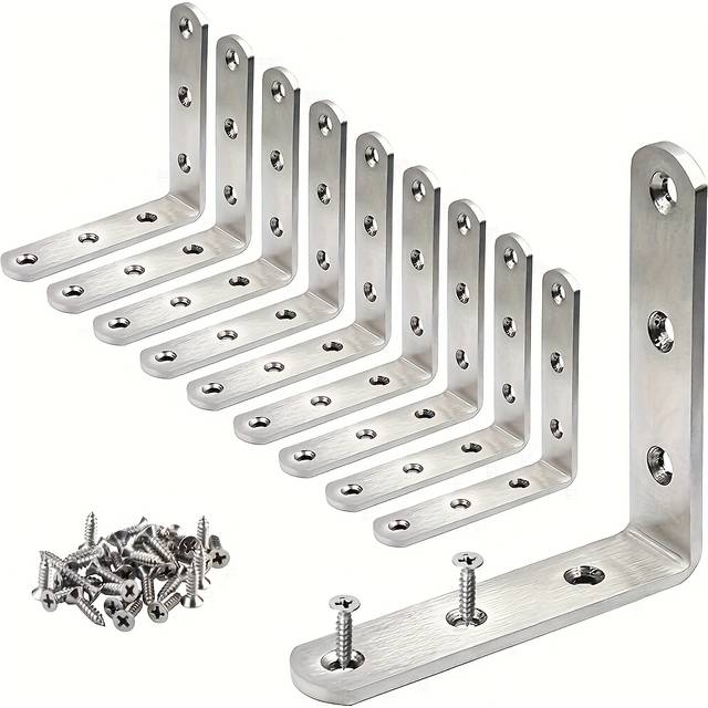 TEMU 10pcs Stainless Steel L-shaped Corner Braces, 90 Degree Angle Support Brackets, Furniture Connector With Screws For Reinforcement And Stability, Metal Right Angle Brackets For Woodworkin