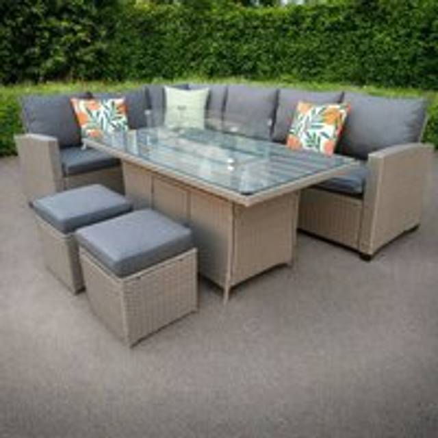 Outdoor Living The Croft 8 Seat Corner Gas Firepit Rattan Dining Set - Grey, Grey