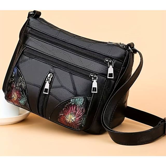 TEMU Unisex Square Crossbody Bag - Lightweight With Adjustable Strap, Large Capacity, Zipper Closure & Floral For Casual Everyday Use - Black