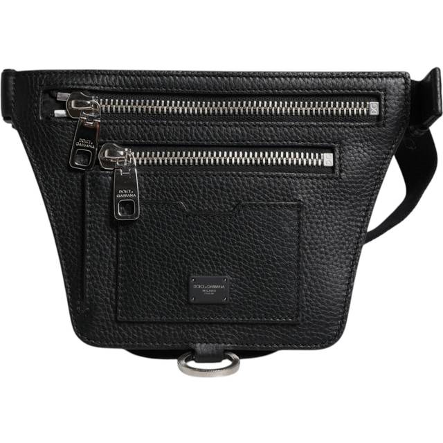 Black Calfskin Logo Plaque Belt Waist Men Fanny Pack Bag