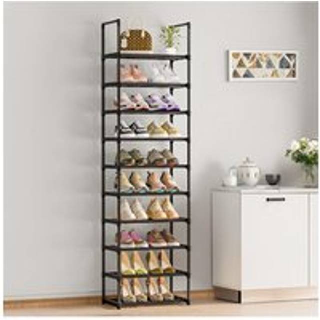 H&O Direct 10 Tier Metal Sturdy Shoe Rack Narrow Tall Shelf Organizer in Black