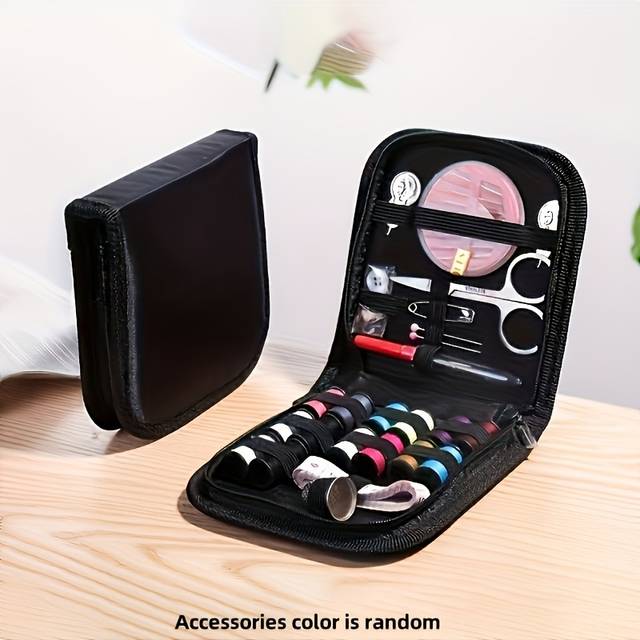 TEMU 1pc Mini Canvas Sewing Kit - Black Travel Sewing Set With Threads, Needles, Scissors, And Accessories - Portable For Quick Repairs, Diy Projects, And Gifts For Holidays