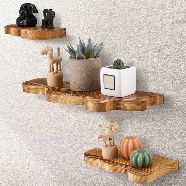 TEMU 3pcs Small Rustic Floating Shelves, 3 Sizes Live Edge Wooden Shelves, Wall Mounted Display Ledge Shelves Farmhouse Vintage Wall Decor For Living Room Bedroom Decor (brown