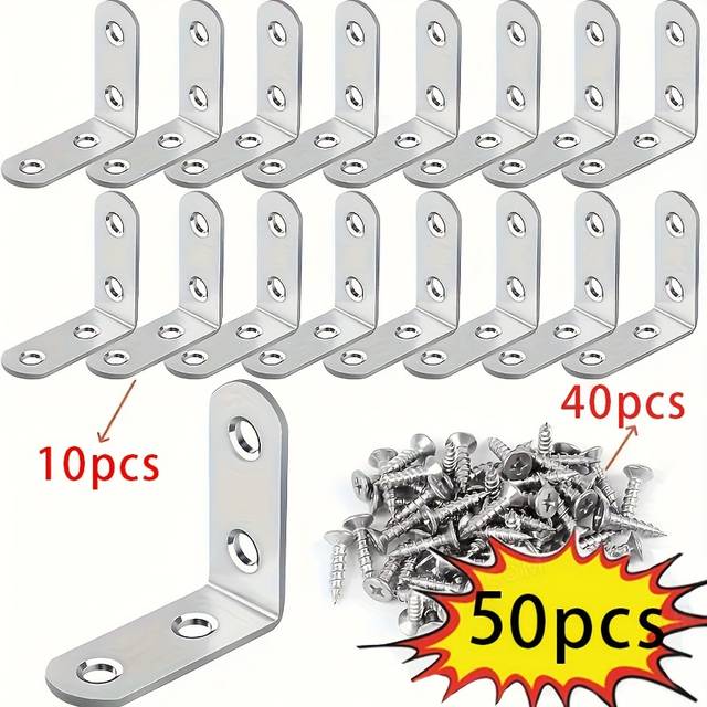 TEMU 50pcs Stainless Steel L-bracket Set, 1.57x1.57 Inch 90-degree Right Angle With Screws For Wooden Shelves, Chairs, Tables, Dressers, Furniture Assembly