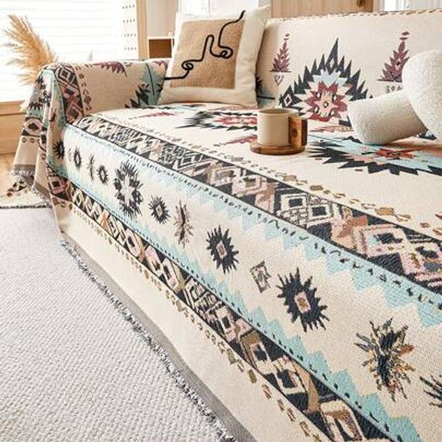 SHEIN 1pc Bohemian Sofa Throw Blanket - All-Season Comfort, Pet-Friendly, Dust-Proof Couch Cover With Tassels - Ideal For Living Room, Kitchen, - Machine Wa