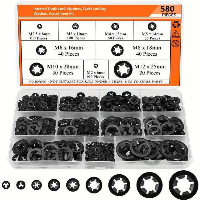 TEMU 580pcs 9 Sizes Internal Tooth Quick-release Star Washers, M2-m14, Black Oxide Finish, Steel Lock Washers With Push Nuts And Speed Clips For Secure Fastening