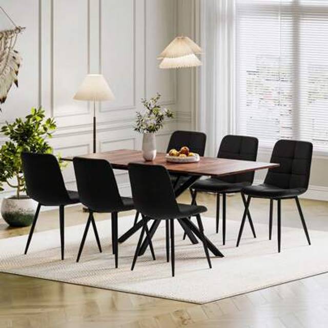 SHEIN Luxstein Extendable Dining Table And Chairs Set Of 6, Concrete Effect Rectangular Table With Upholstered Faux Leather Chairs For Dining Room,Kitchen