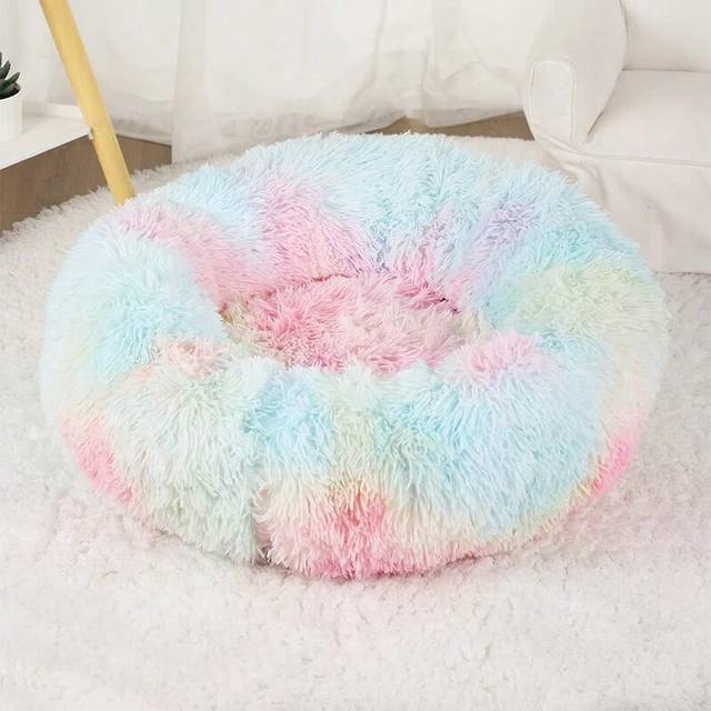 (Colorful, 80cm) Dog Bed Donut Big Large Round Basket Plush Beds for Dogs Medium Accessories Fluffy Kennel Small Puppy Washable Pets Cat Products