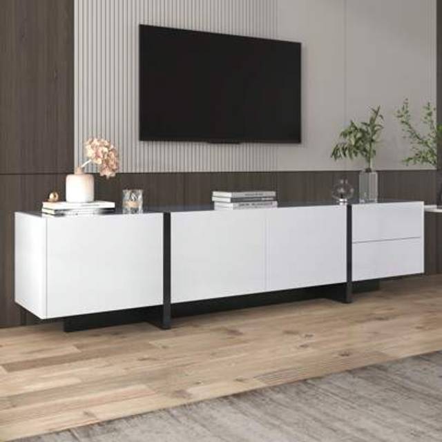 SHEIN 190x35x45cm TV Stand With Colorblocked High-Gloss Legs | White & Black Cabinet With Doors, Drawers & Shelves | Simple Line Design