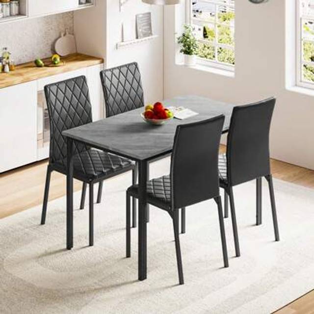 SHEIN Dining Table Set For 4,Dining Table And Chairs Set Of 4, Modern Dining Table Set Kitchen Furniture, Marble Effect Dining Table Set With 4 PU Leather D