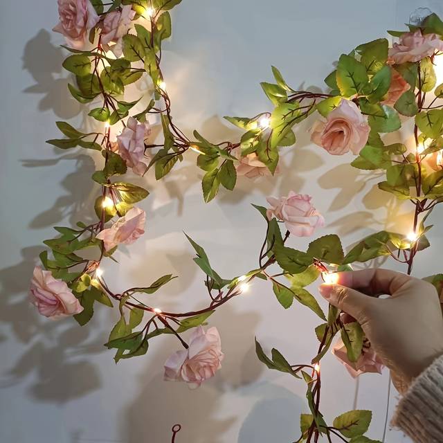 TEMU 20 Led Champagne Rose Garland String Lights, 2m Floral Vine With Switch Control, Battery Powered, Plastic, Christmas Decorative Flower Theme, No Battery Included