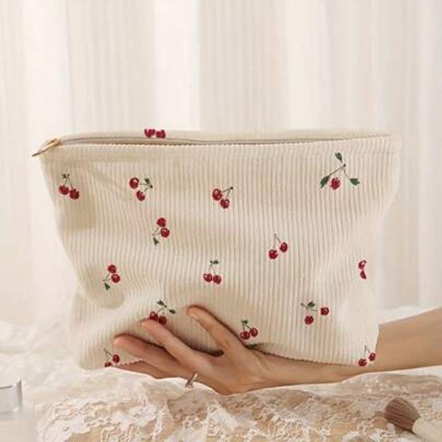 SHEIN Floral And Plant Printed Corduroy Zippered Storage Bag, Lightweight Makeup Bag, Cosmetic Organizer, Multifunctional Wash Bag With Lining Graduation