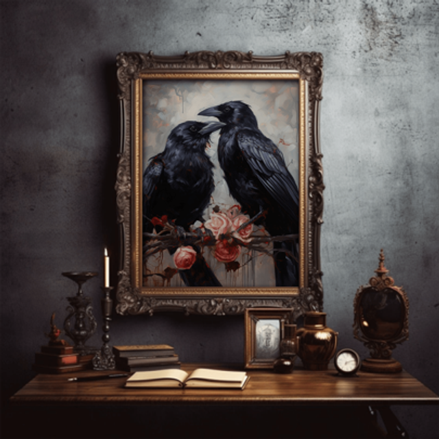 SHEIN 1pc Gothic Romantic Raven Couple, Vintage Poster, Art Poster Print, Home Decor, Victorian Crow, Black Rose, Flowers, Cottagecore, Dark Fantasy Wall Ar