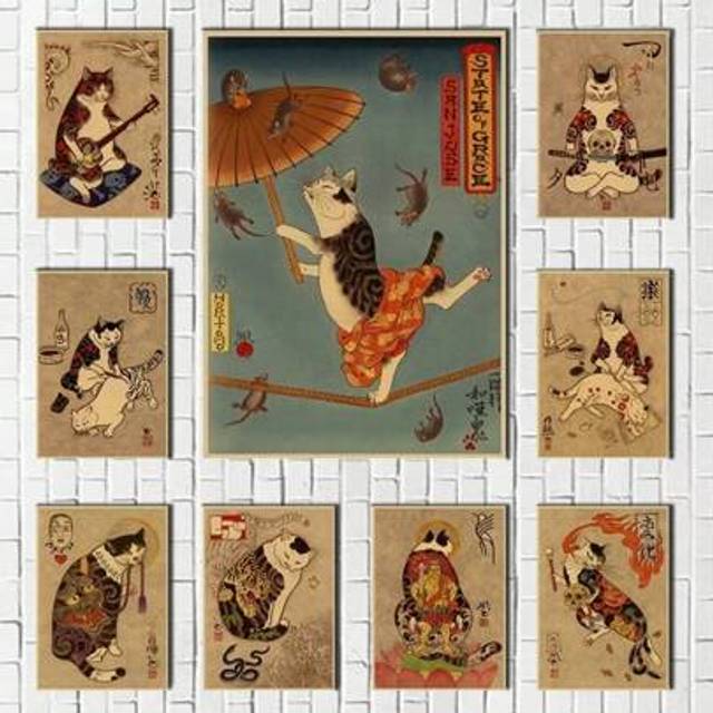 SHEIN 1pc Classic Retro Wall Art Japanese Samurai Cat Tattoo HD Canvas Print Poster Home Living Room Bedroom Decorative Painting No Frame