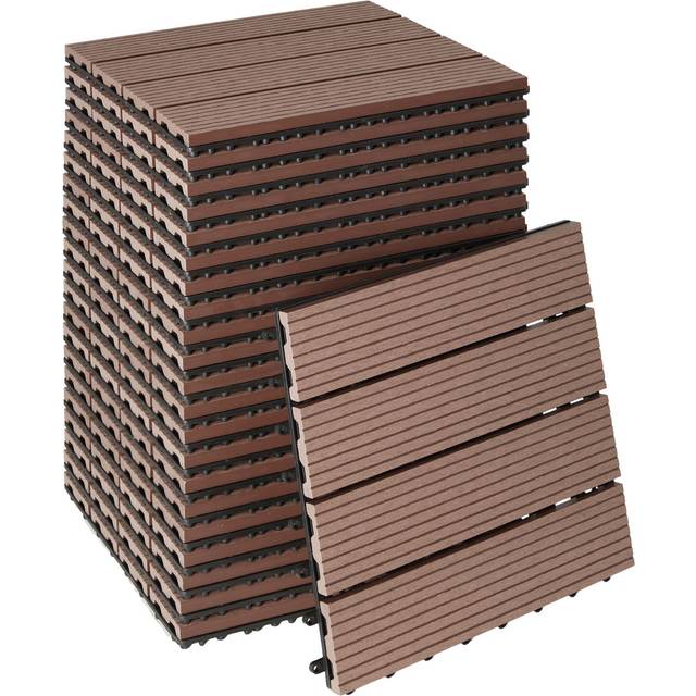 tectake Composite Decking Tegulas - click system, wood look, outdoor safe - Brown, Set of 22, Brown