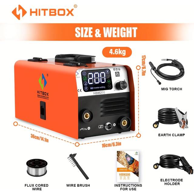 TEMU 3-in-1 Core Wire Welding Machine Hitbox Hbm200, 200a Compact Inverter Welding Machine With Wire Feed For Welding Without Protective Gas