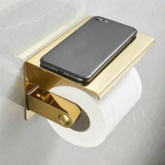 SHEIN Wall Mounted Stainless Steel Tissue Dispenser,Toilet Paper Holder With Mobile Phone Shelf,Bathroom Washroom Single Roll Toilet Paper Holder (Black, Si