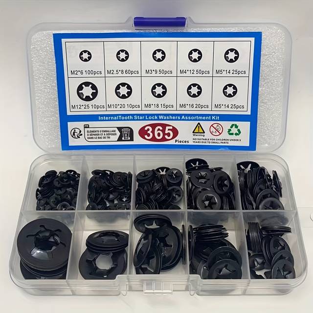 TEMU 365pcs M2-m12 Internal Tooth Star Lock Washers, Quick Locking Washers, Push Nuts, Speed Clips, And Clamping Fasteners Combination Set