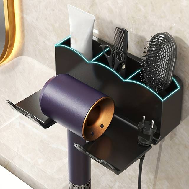 TEMU 1pc Sleek -mounted Hair Dryer Holder - No-drill, Space-saving Bathroom Organizer With Hooks For & Accessories, Plastic Construction
