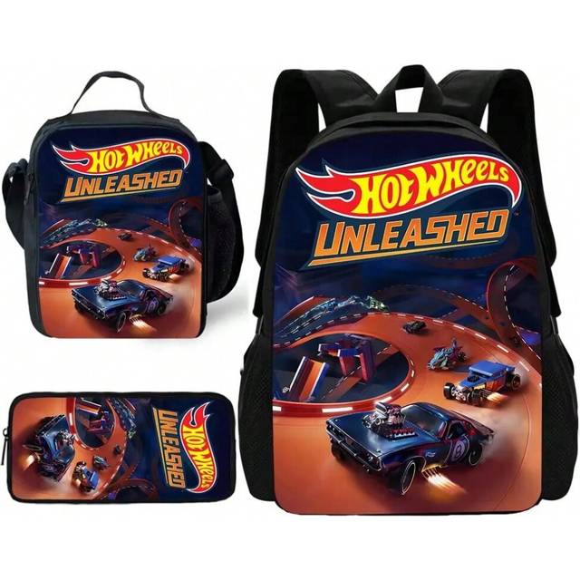 (XHOO1-TZ-101-A2) Hot Wheels Cars Child School Backpack with Lunch Bags ,Pencil Bags ,School Bags for Boys Girls Best Gift