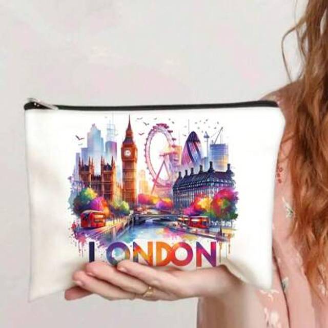 SHEIN 1pc London-Themed Makeup Bag - British Souvenir Cosmetic Pouch With Big Ben, Red Phone Booths & &#34;London Is Calling&#34; Design, Durable Polyester Travel T
