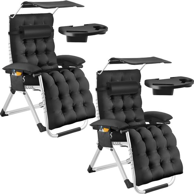 Sun Lounger Cirrus with Plush Padding, Built-in Sun Shade and Folding Function - black, Set of 2