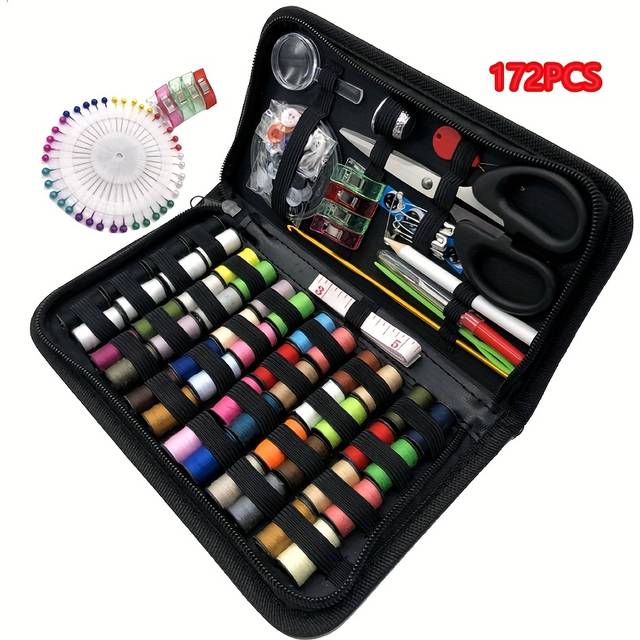 TEMU 172pcs Deluxe Sewing Kit For Home & Travel - Portable Black Fabric Case With Colorful Threads, Needles, Scissors & More - Essential Multifunctional Hand Sewing Set, Sewing Supplies Accessories