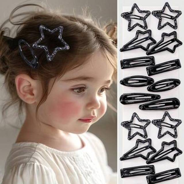 SHEIN 15pcs/Set Baby Girls Black Star & Heart Shiny Oily Hair Clips, Bangs & Side Hair Barrettes, Daily Use