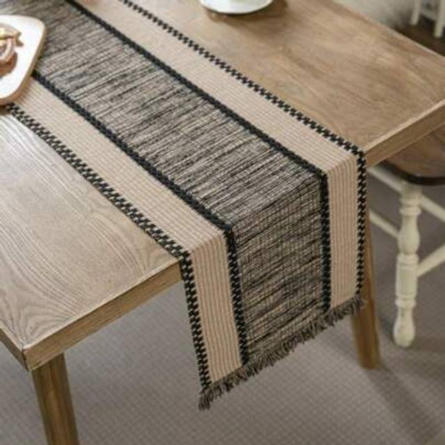 SHEIN Retro American Country Style Brown Striped Woven Fringe Rectangle Table Runner, For Daily Use, Festivals, Gatherings, Picnics, Parties, Photography Ba