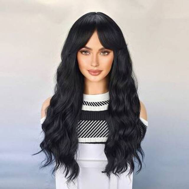 SHEIN Long Black  Wavy Wigs For Women Curly Wigs With Air Bangs Water Wave Wig Synthetic Heat Resistant Fiber Wig For Daily Party Use