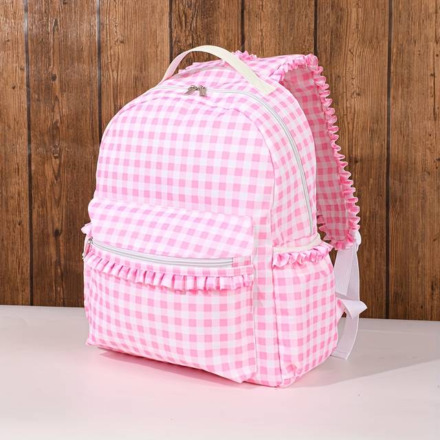 TEMU Custom Embroidered Letter Backpack With Matching Lunch Box - Lightweight Nylon, Adjustable Straps, Pink And Blue Checkered Design For School And Casual Use