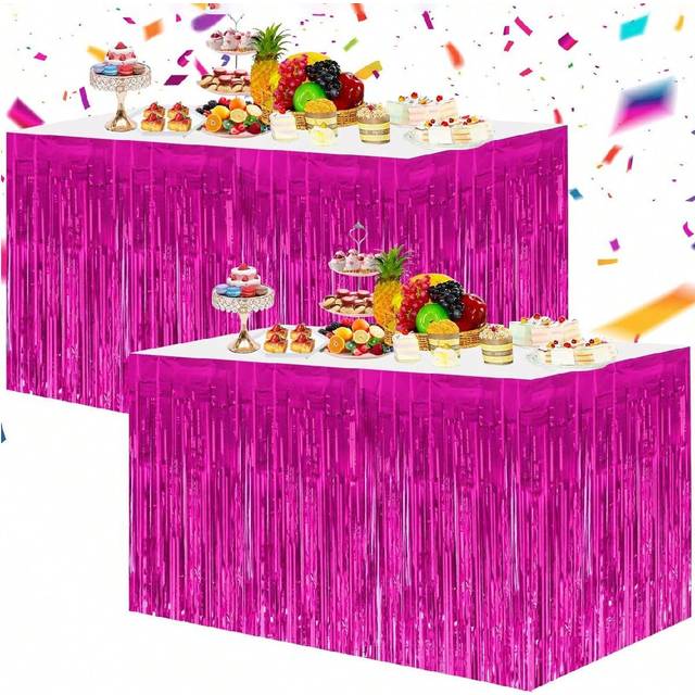 SHEIN 2pcs-Rose Red Metallic Foil Fringe Tinsel Table Skirts,Tinsel Table Skirts Streamers Garland For Rectangle Table,Backdrop Tinsel Banner Garland Curtai